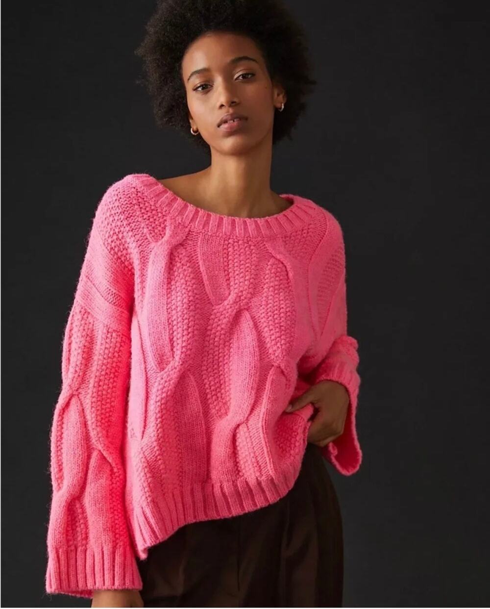 Anthropologie Maeve Wide Neck Oversized Cable Knit Sweater Neon Pink